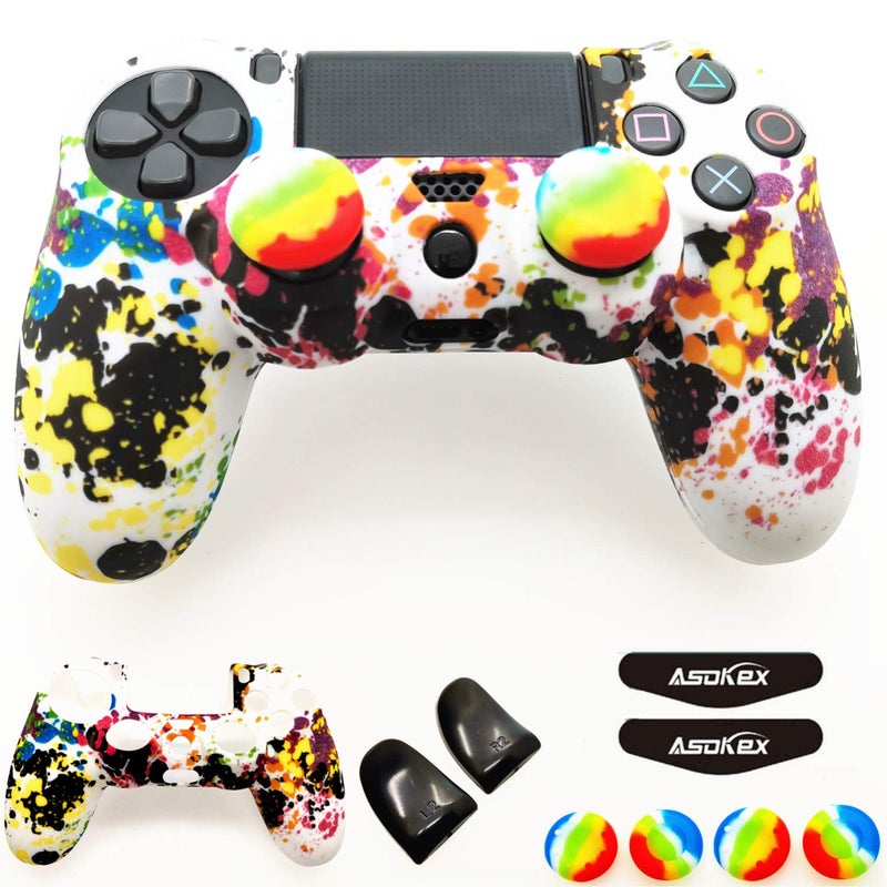 Asokex Silicone Skin Cover for Ps4 Controller (1pc Anti-Slip Case, 1 Pair L2 R2 Trigger Extender, 4pcs Thumb Grips,4pcs LED Light Bar Decal) Protector for DualShock PS4/ Slim/Pro Controller (Graffiti) - Image 1